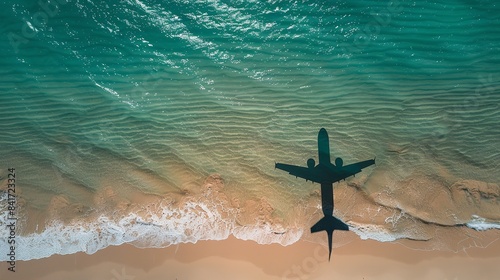 This summer, reflect an idyllic beach tourist destination with the blue ocean in the backdrop and the shadow of an aero plane over the sand and blue ocean water and space, Generative AI.