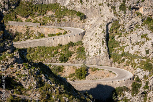 The serpentine Sa Calobra road built in 1932 within Tramontana mountains, west coast of Majorca, Balearic Islands, Spain 