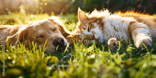 Dog and cat napping together on grass, Golden retriever and tabby cat sleeping outdoors