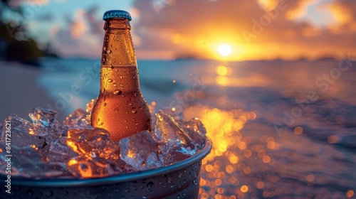 Closeup of a beer bottle in an ice bucket with droplets ultimate refreshment ethereal Multilayer Beach setting realistic photography