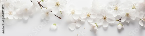 A serene image of white cherry blossoms on a branch, set against a light background, perfect for spring themes, nature projects, and floral decorations.