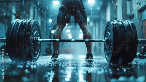 Closeup of intense weight lifting session in a modern gym muscles straining under heavy weights focus on athletes determination dynamic Composite Urban backdrop realistically photo