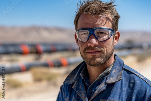 Portrait of a worker with oil pipelines