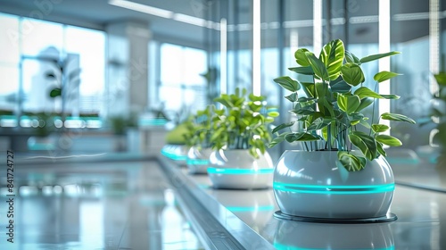 futuristic office plants with builtin ai sensors for optimal growth conditions concept 3d illustration