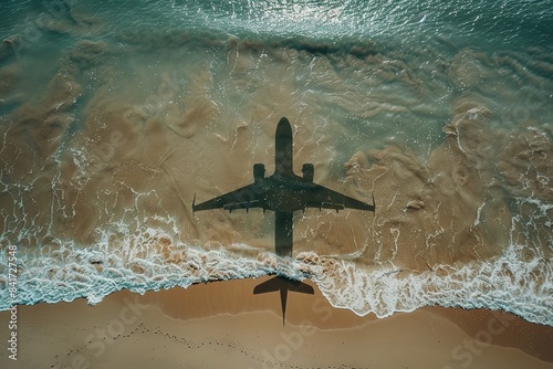 This summer, reflect an idyllic beach tourist destination with the blue ocean in the backdrop and the shadow of an aero plane over the sand and blue ocean water and space, Generative AI.