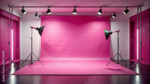 Vibrant pink background perfectly complements a chic, empty studio setting with subtle lighting, waiting for a stunning model to strike a pose.