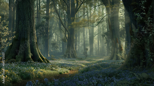 Ancient forest with towering trees and a carpet of bluebells
