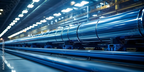 Manufacturing facility with steel pipes for petrochemical processing and transport. Concept Steel pipes, Manufacturing facility, Petrochemical processing, Transport, Industrial equipment