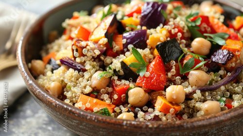 Bowl of quinoa salad with roasted vegetables and chickpeas
