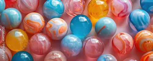 Pastel-colored toy marbles scattered on a plain background