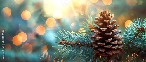 A petite pine cone rests over a fir twig in a fuzzy setting of airy and nature, depicting the lovely plant branches and verdant depicts as Christmas approaches and space, Generative AI.