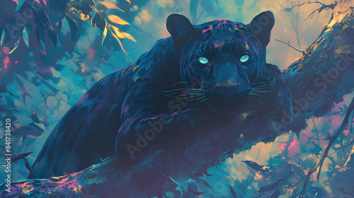 colorful panther in forest on cinematic background