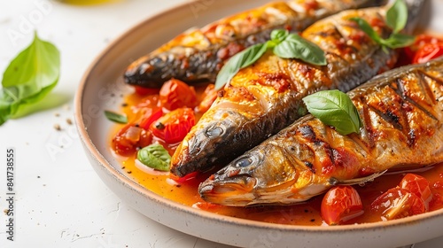 A white circular dish with fried mackerel fish in tomato sauce tomatoes and herbs over it with a white setting concept of sour and spicy cuisine and space, Generative AI.