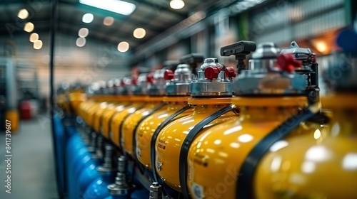 An illustrative depiction of a liquid gas warehouse notion for energy efficiency is a row of LPG gas cylinders patiently awaiting to be fueled or dispatched to nearby clients and space, Generative AI.