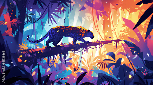 colorful panther in forest on cinematic background