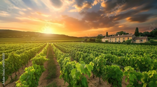 Green summer vinery fields under beautiful setting sunset sky and clouds with some classic french houses at distance