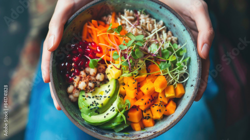 Colorful Buddha bowl with grains, vegetables, and protein