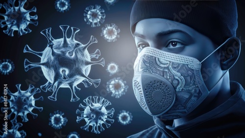 Man in mask with virus particles close-up, digital illustration, pandemic concept 