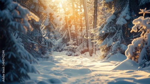 Snow covered forest in the winter sunlight