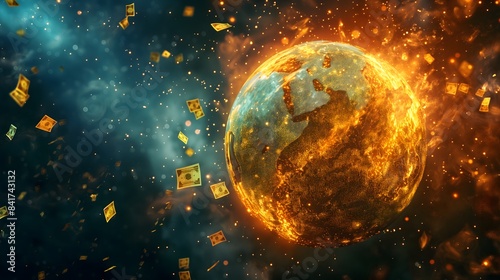 1. Generate an image depicting a glowing spherical planet crumbling under the weight of a catastrophic global financial meltdown, with currency symbols tumbling into abyss, symbolizing the collapse