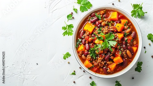 A bowl of organic, nourishing fall chili con carne with pumpkin and lush  herbs over a white setting depicts the approach of fall and the relieving qualities of food and space, Generative AI.
