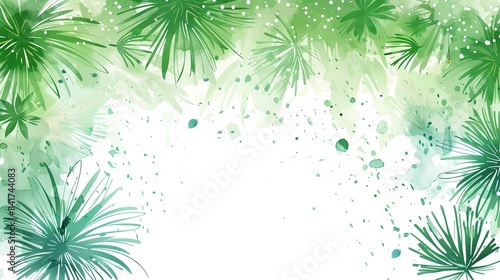 An illustrative art depicting a green décor rejoice notion with exploding green pyrotechnics and green fragments strewn over a white setting and space, Generative AI.