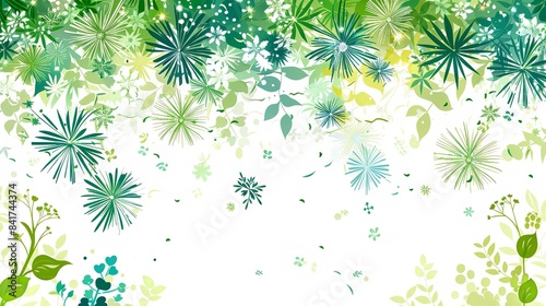 An illustrative art depicting a green décor rejoice notion with exploding green pyrotechnics and green fragments strewn over a white setting and space, Generative AI.