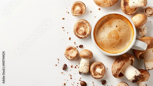 A trendy healthy, and embracing atmosphere is depicted in this cup of mushroom coffee with strewn mushroom elements over a white setting lovely shot and space, Generative AI.