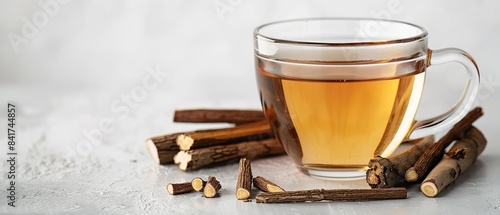 A shot depicts an opaque cup of licorice tea with sticks of licorice over a white setting, depicting aromatic plants herbs and an infusion that detoxes the body and space, Generative AI.
