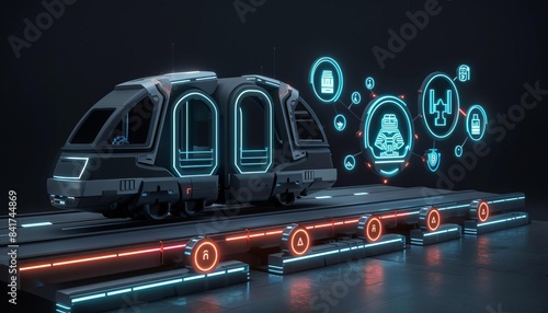 Graphic of Minimalist 3D model of futuristic transportation with neon icons representing advancements in technology