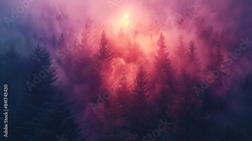 Enchanting Ultra HD Sunrise Forest Close-Up with Double Exposure Silhouette and Copy Space