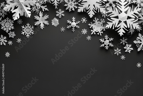 Christmas evening Eve dark black setting with three dimensions an exquisite origami advertising signage made of several layers of paper-cut white snowflakes that glisten and space, Generative AI.
