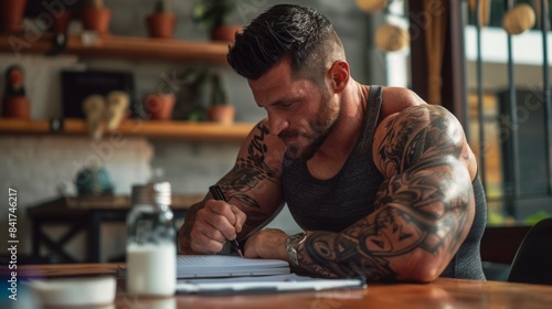 A muscular man with tattoos writes in a notebook at a cafe table.