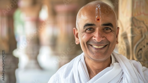 an indian origin jain monk wearing traditional white long robe around body , red sindoor on forehead and bald head , giving a smile and is very happy spiritually ,
