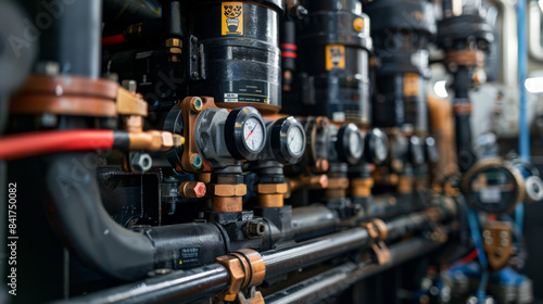 Detailed view of pressure gauges and pipes in an industrial setting, showcasing equipment and machinery in a factory environment.