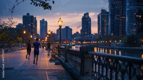 Evening joggers running along an urban riverfront