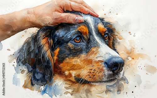 Hand patting a dog's head in a beautiful watercolor painting style, capturing the warmth and bond between human and pet.