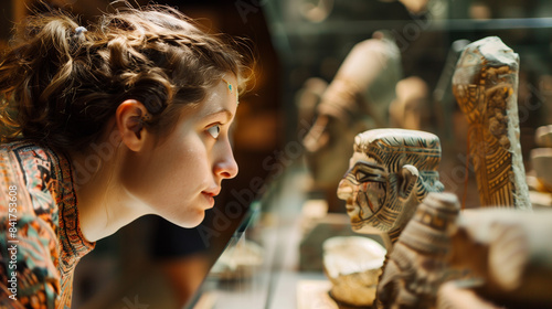 Woman observing ancient artifacts in a museum