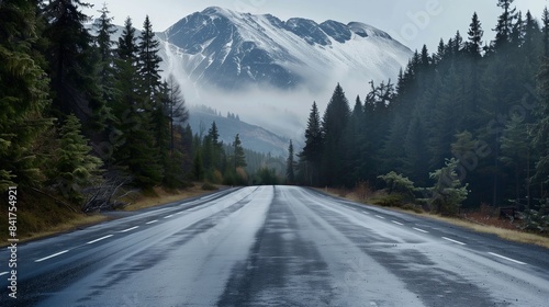 Road in green forest misty fog, mountains, hills, pine trees, woods - beautiful landscape roadway background wallpaper copyspace - Ambition, adventure, goal, progress, career path, holiday, nature