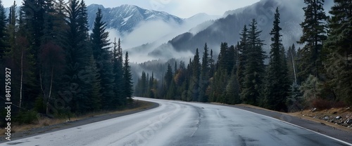 Road in green forest misty fog, mountains, hills, pine trees, woods - beautiful landscape roadway background wallpaper copyspace - Ambition, adventure, goal, progress, career path, holiday, nature