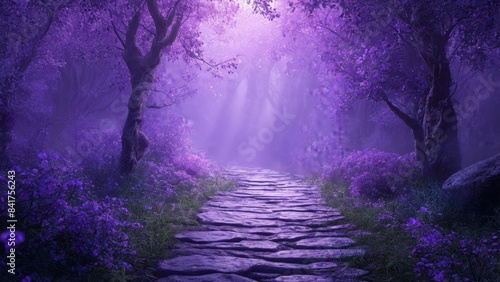 Stone path in a fantasy mystic forest. Soft violet light, mysterious haze. Fairytale wallpaper.