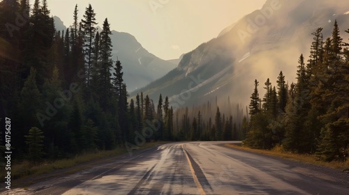 Road in green forest misty fog, mountains, hills, pine trees, woods - beautiful landscape roadway background wallpaper copyspace - Ambition, adventure, goal, progress, career path, holiday, sunset