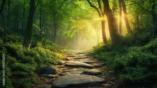 Stone path in a fantasy mystic forest. Soft sunlight, mysterious haze. Fairytale wallpaper.