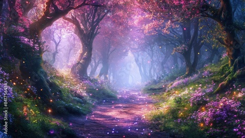 Stone path in a fantasy mystic forest. Soft purple light, mysterious haze. Fairytale wallpaper.