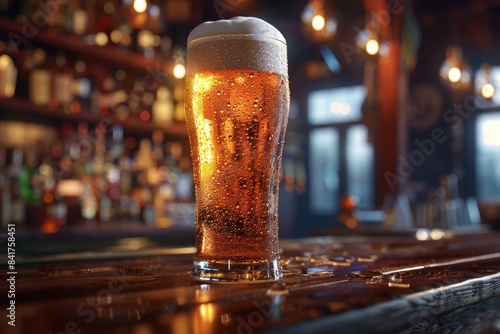 Close-up of a tall glass filled with golden beer on a wooden bar counter in a cozy pub, highlighting the frothy head and carbonation, perfect for a night out.