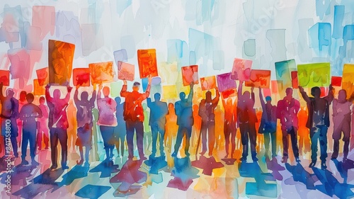 Vibrant watercolor painting capturing a group of people holding signs in a peaceful protest, symbolizing unity and social movements.