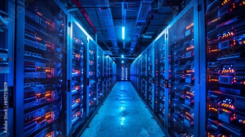 Cryptocurrency mining farm, rows of servers, cool blue lighting