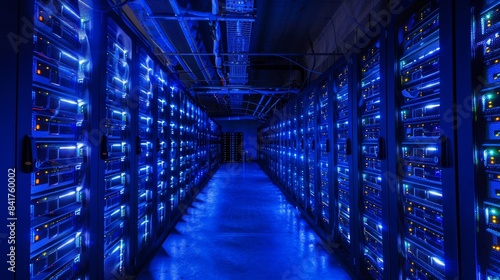 Cryptocurrency mining farm, rows of servers, cool blue lighting