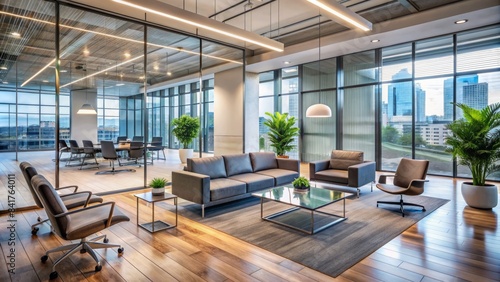 Modern office lobby with sleek furniture, empty chairs, and a large glass wall, awaiting a team of professionals to converge and brainstorm innovative plans.