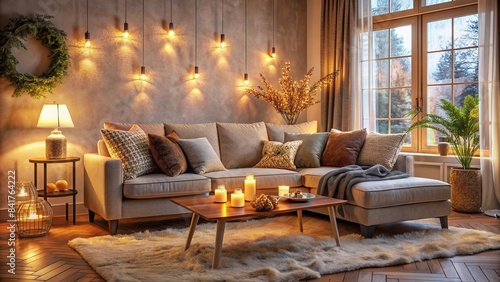 Cozy living room interior with plush couch, soft lighting, and warm colors, evoking feelings of comfort, love, and togetherness in a serene atmosphere.